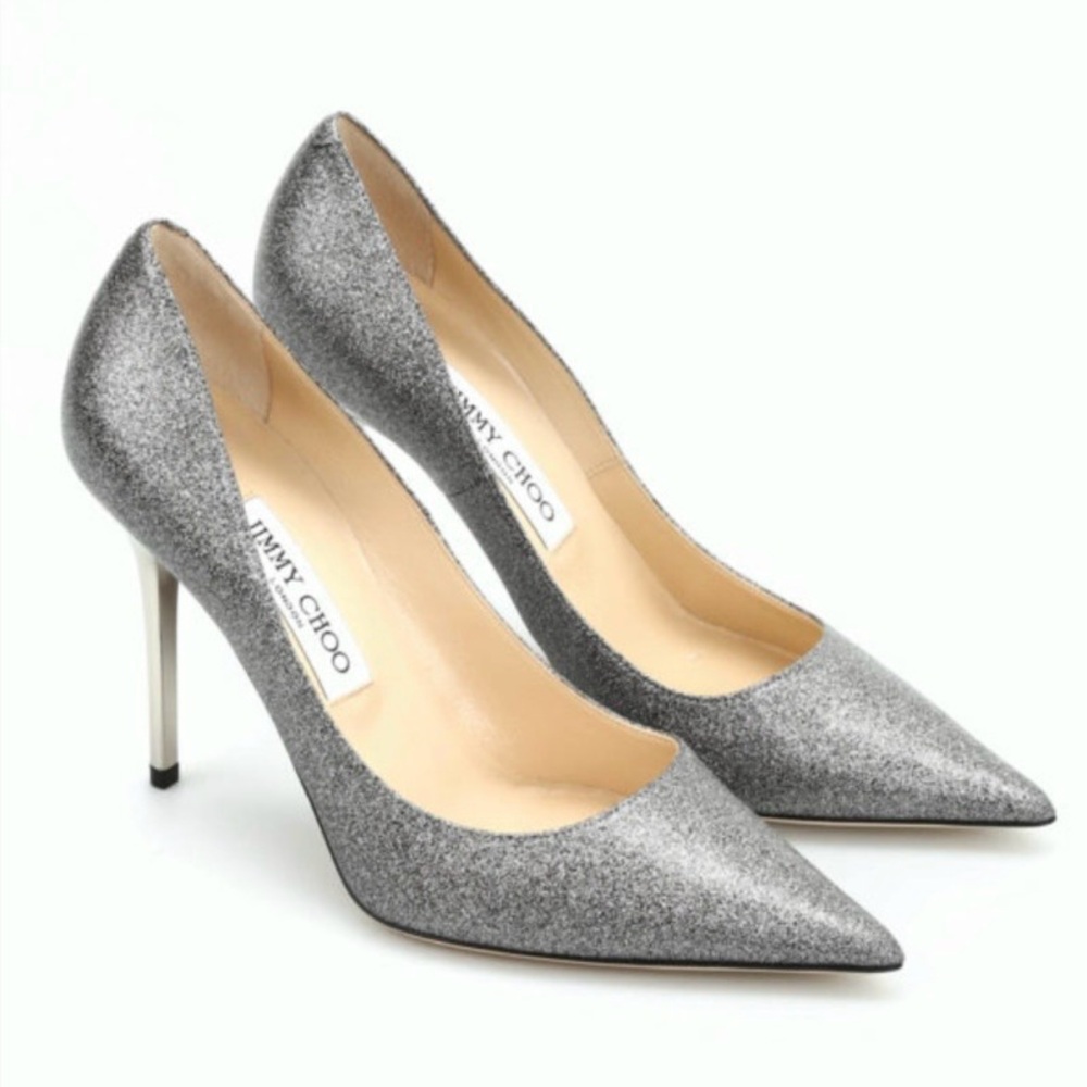 Jimmy Choo Abel 100 Glitter Sequin Silver Pumps 37.5